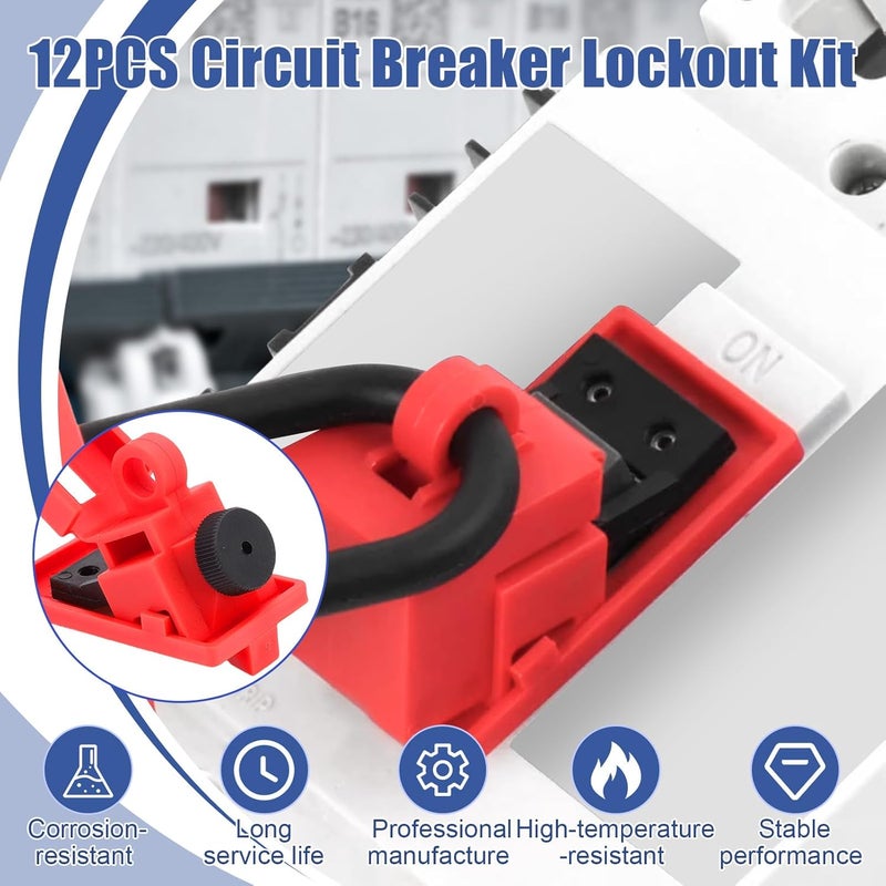 VINGVO Circuit Breaker Lockout Device 12 Pack Kit with Clamp-On Design - OSHA Compliant Single Pole Breaker Lockout Device for Loto Safety, Fits 16.5mm to 70mm Breakers (Red, Nylon) - Image 2